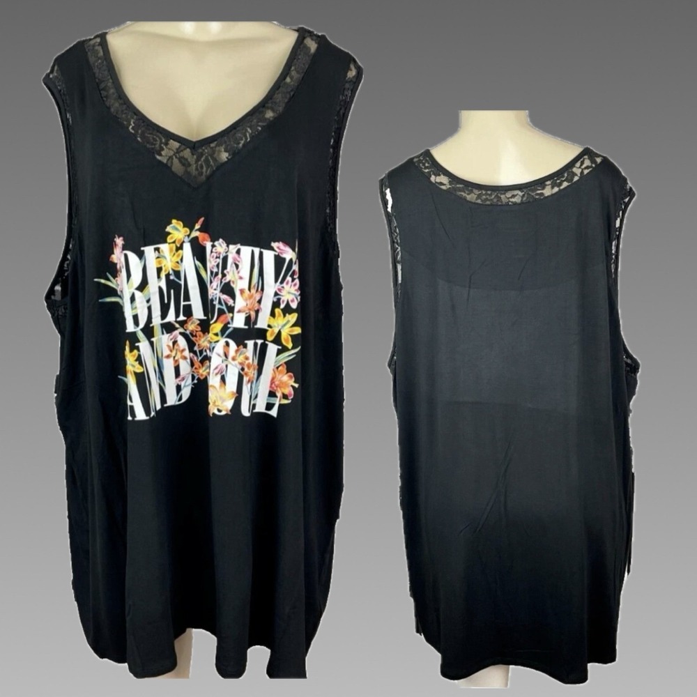 Torrid 6X Super Soft Black Beauty and Soul Floral Graphic Tank Top Lace Trim
